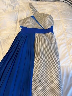 Three Floor Blue and White One-Shoulder Pleated Evening Gown